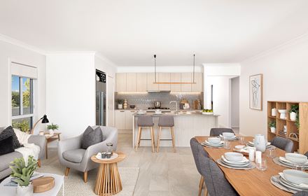View of the kitchen in the Lucia One display home from the middle of the open plan living and dining areas