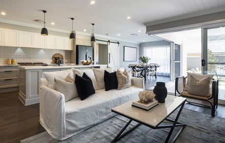 Hamptons style open plan living, kitchen and dining area in the Avoca display home by Montgomery Homes
