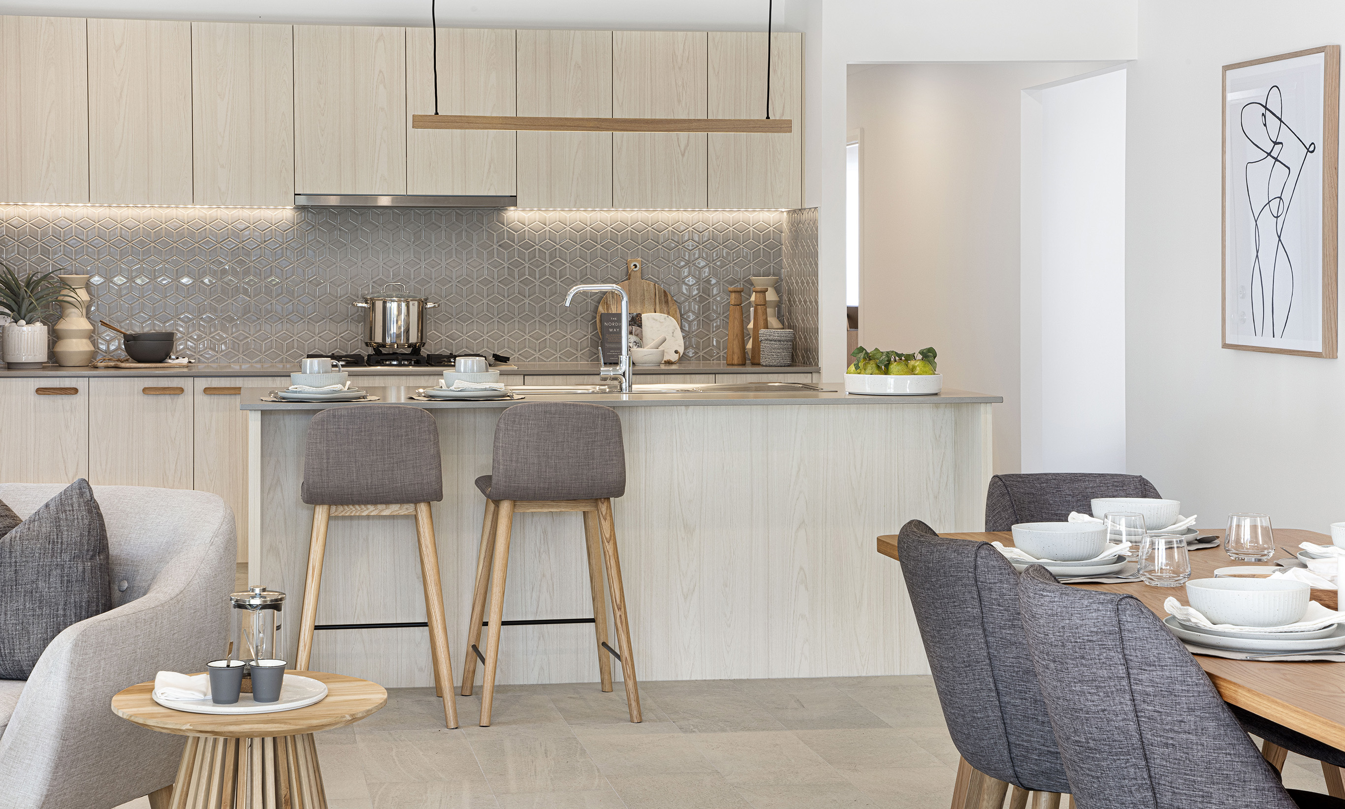 Close up of the kitchen in the Lucia One display home from within the open plan living and dining areas