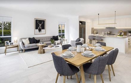 Open plan dining, living and kitchen in the Lucia One display home in the Hunter Valley