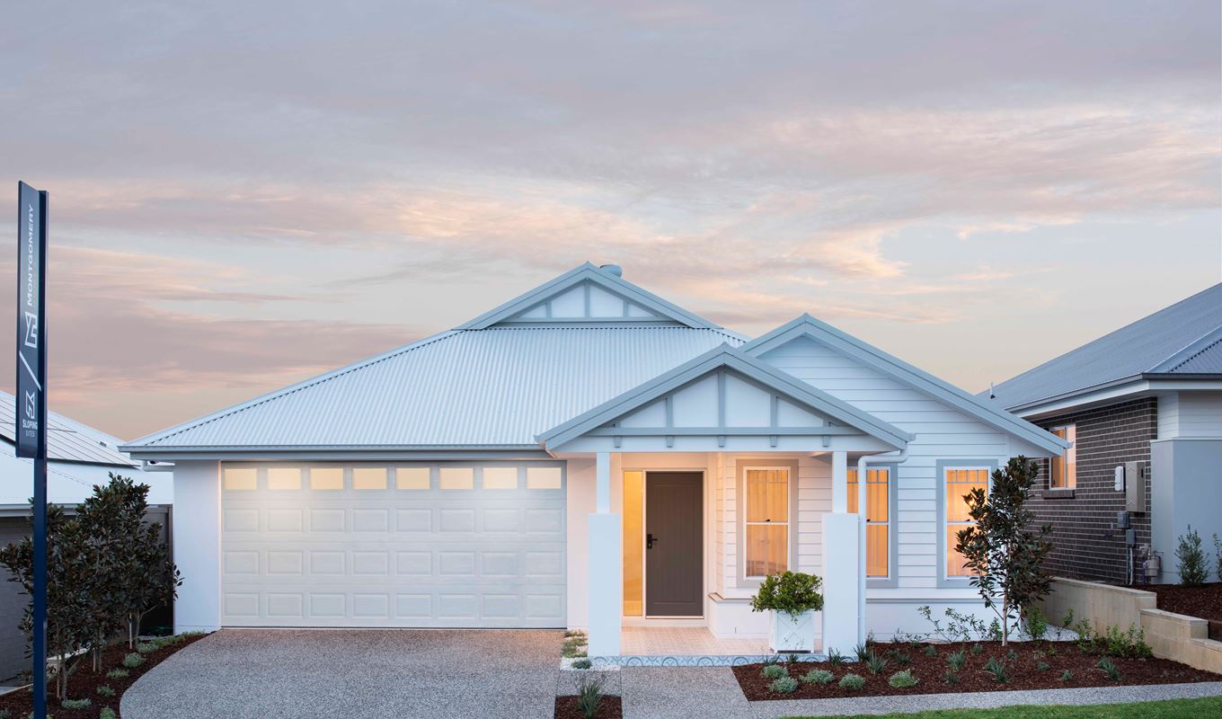 The street facing, Hamptons style facade of the Avoca display home by Montgomery Homes