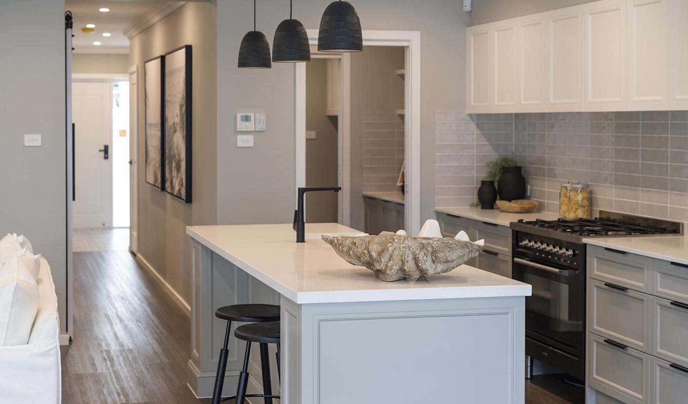 Close up view of the island in the kitchen of the Avoca display home by Montgomery Homes